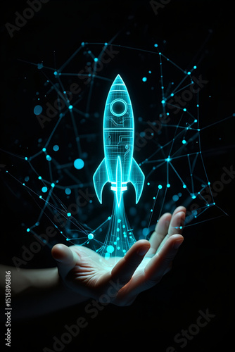 Technological background and rocket flying upwards from hand, business is bright vector.