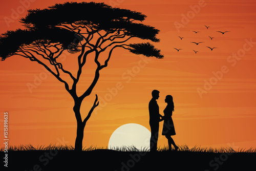 Romantic Silhouette of a Couple at Sunset. Twilight Romance with Flying Birds, Tree and Glowing Setting Sun on the Horizon. Love and Nature Background Illustration.