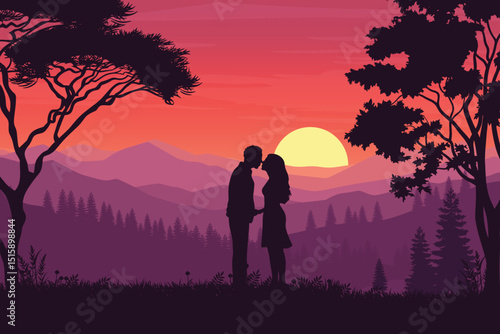 Romantic Silhouette of a Couple Kissing at Sunset. Glowing Orange Sky, Vibrant Trees, and a Setting Sun on the Mountain Horizon. Love and Nature Background Illustration.