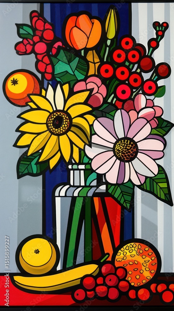 Fototapeta premium Colorful still life bouquet in vase with fruit, on a table against patterned backdrop