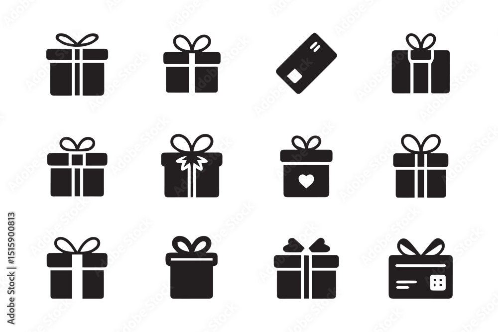 A collection of twelve gift box icons, including various styles and designs A collection of twelve gift box icons, including various styles and designs
