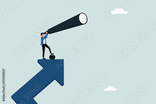 Entrepreneur with strong business vision, to see the concept of business opportunities, successful male entrepreneur stands on a towering arrow with a telescope or binoculars to see the vision