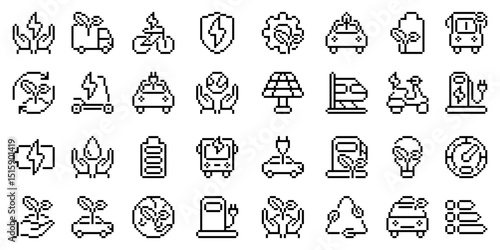 Collection of pixel art icons representing ecofriendly concepts. Eco transport pixel icon vector illustration