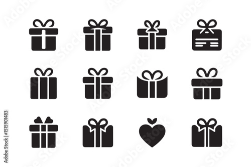 A collection of gift icons showcasing various styles and designs of gift boxes and gift cards.