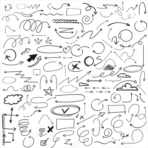 Hand drawn arrows  circles, doodles and sketch elements set for infographic  notes  and design use

