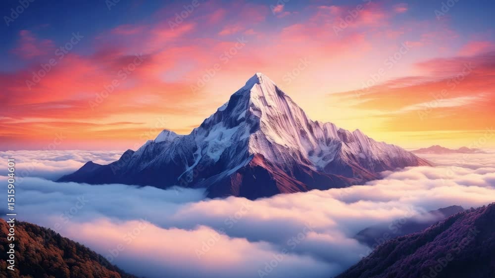 A snow-capped mountain peak glowing at sunrise above clouds showing nature beauty height and peaceful scenic landscape in a majestic morning view A snow-capped mountain peak glowing at sunrise above clouds showing nature beauty height and peaceful scenic landscape in a majestic morning view