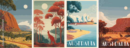 Australia vintage style travel poster set. Collection of scenic art deco retro tourism illustrations