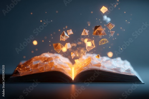 Digital low-poly book with light beams, representing modern online education symbols.