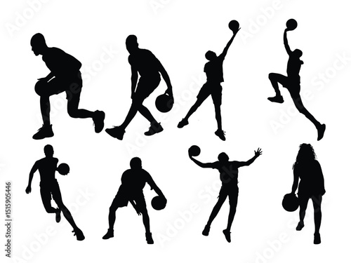 Basketball Player Silhouettes in Action – Vector Sports Graphic