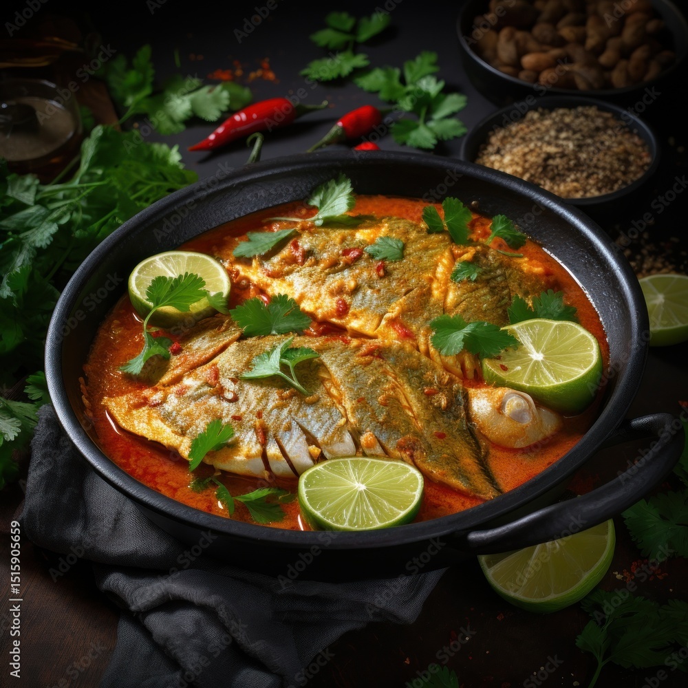 A fragrant bowl of Goan fish curry with tender fish fillets cooked in a spicy coconut-based sauce, styled with a wedge of lime A fragrant bowl of Goan fish curry with tender fish fillets cooked in a spicy coconut-based sauce, styled with a wedge of lime