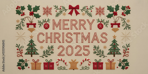 Festive Christmas 2025 greeting card decorated with holly, snowflakes, Christmas trees, gifts, stars, candy canes, and seasonal ornaments.