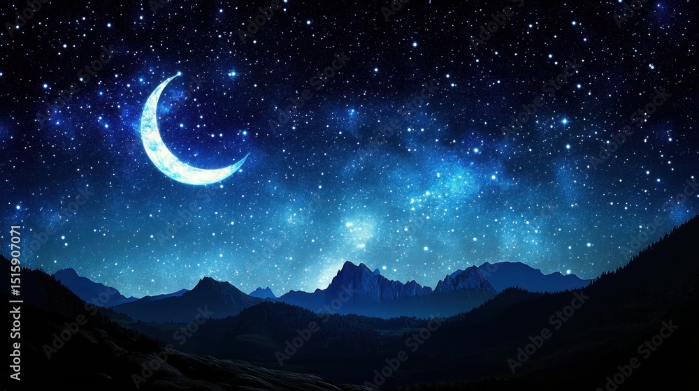 Obraz premium majestic night sky with crescent moon over mountains