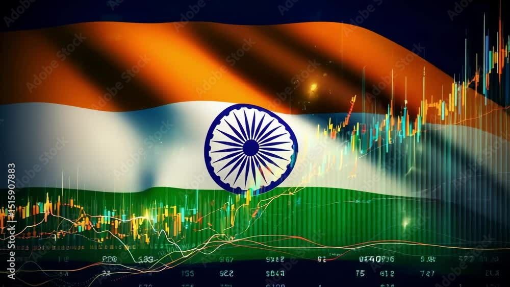 The Indian national flag waving with a digital stock market graph overlay representing patriotism finance economy and national identity in a global trade concept