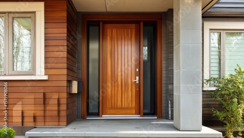 Fiberglass front door with one sidelite, creating a modern, welcoming entrance to a home.