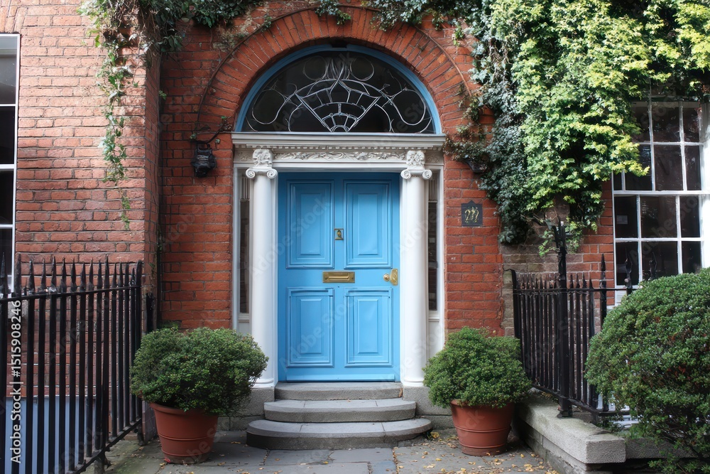 Naklejka premium Home entrance with a blue door, enhancing the welcoming feel of the property's facade.