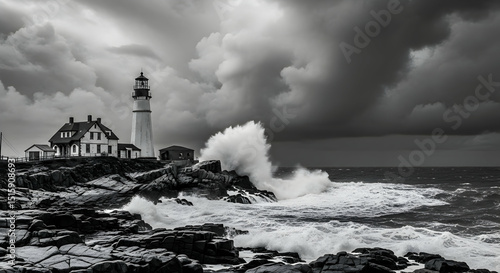 Beacon Of Resilience Coastal Lighthouse Under Tempestuous Skies In Black And White