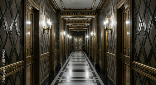 Elaborate Hotel Corridor With Symmetrical Doors And Decorative Lighting