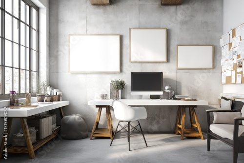 Clean  organized home office with whiteboard frames  concrete walls  and a modern desk setup.