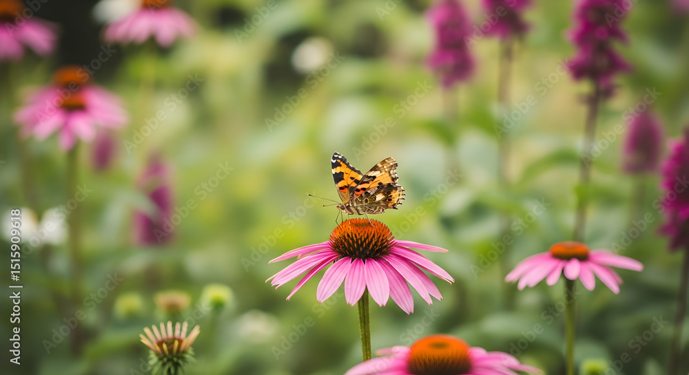 Painted Lady Butterfly Resting On A Vibrant Echinacea Flower Bloom Painted Lady Butterfly Resting On A Vibrant Echinacea Flower Bloom