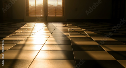 Golden Sunlight Through Blinds Casting Pattern On Tiled Floor in Empty Room