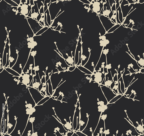 Elegant seamless floral pattern emphasizing light beige botanical silhouettes of blooming branches against a deep charcoal background