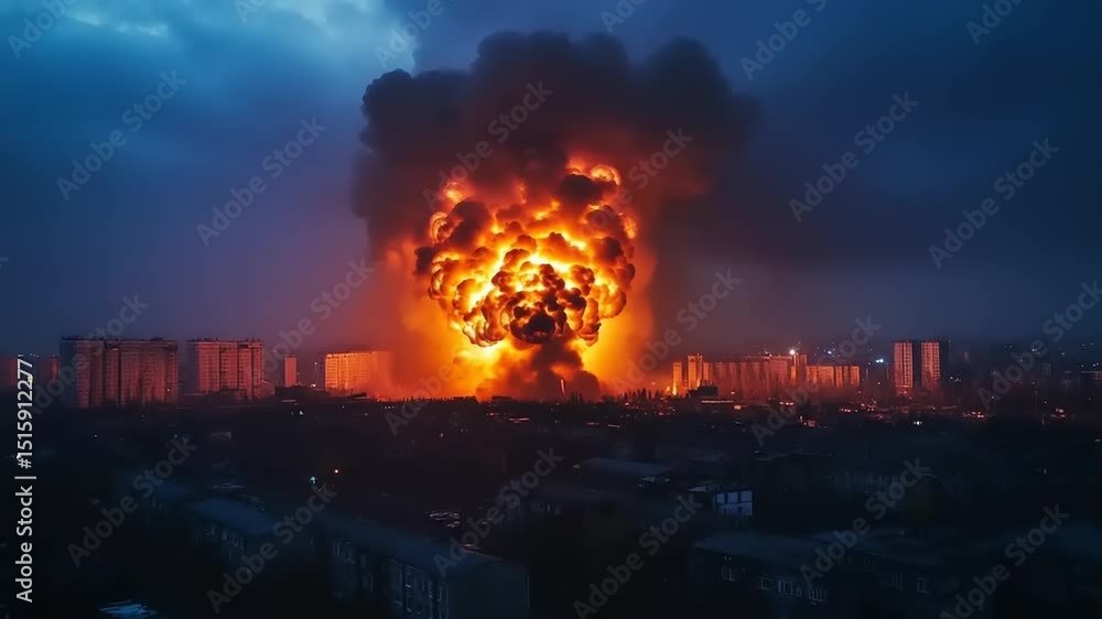 Dramatic explosion in an urban landscape at dusk, showcasing fiery chaos against dark clouds Dramatic explosion in an urban landscape at dusk, showcasing fiery chaos against dark clouds