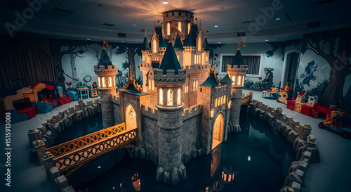 Enchanting Indoor Kingdom A Whimsical Castle Surrounded By Water In A Play Area