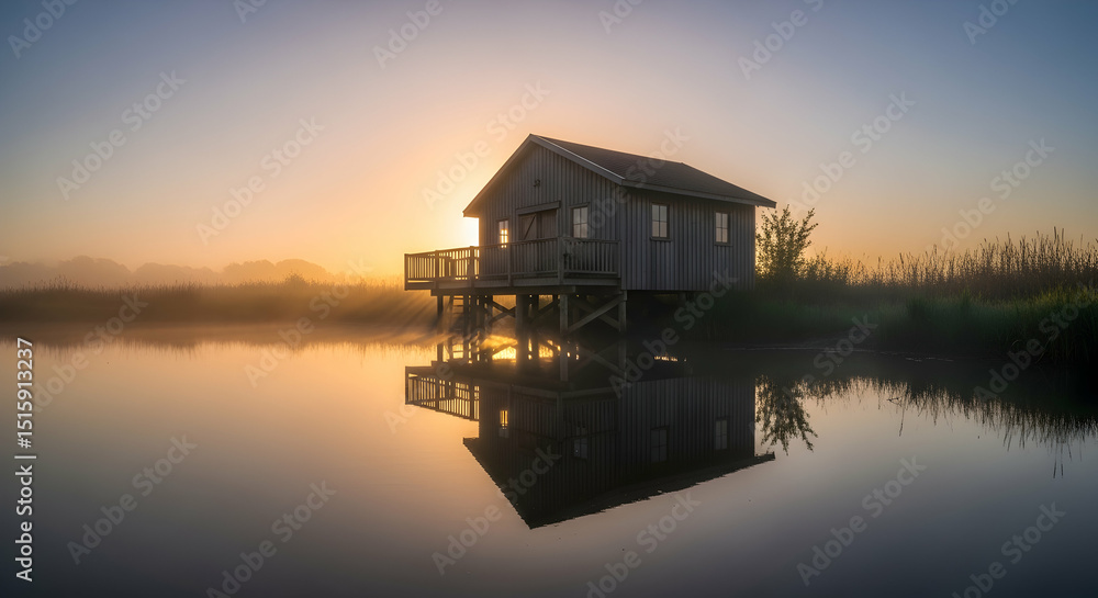 Obraz premium Idyllic Sunrise Scene With Wooden Cabin Reflected In Calm Waters
