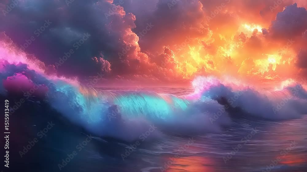 Vibrant Ocean Waves at Sunset: A Mesmerizing Display of Light and Color, A Visual Masterpiece Vibrant Ocean Waves at Sunset: A Mesmerizing Display of Light and Color, A Visual Masterpiece