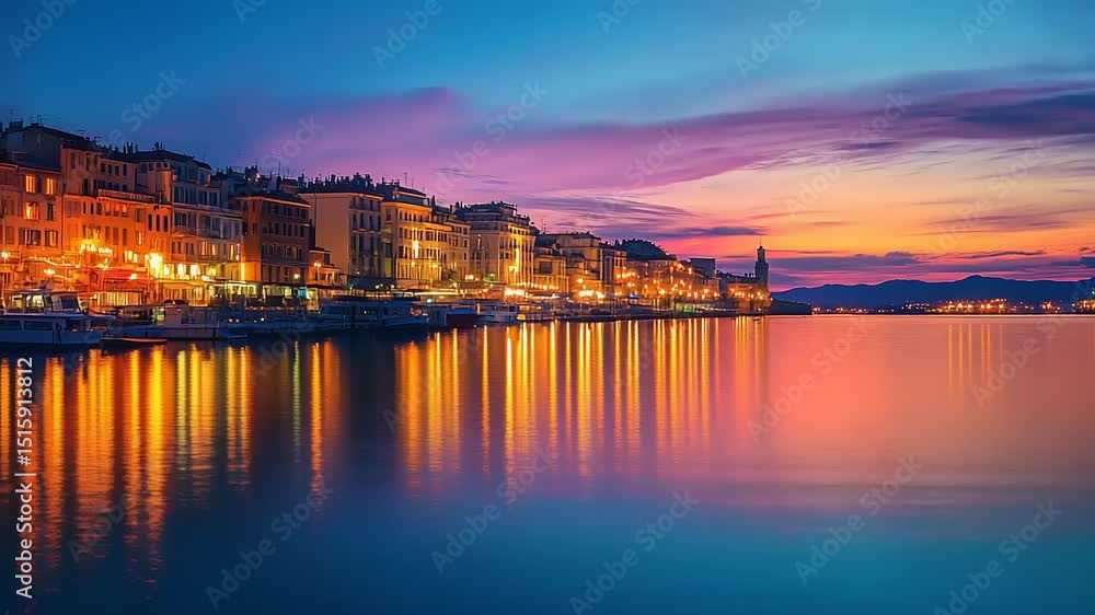 Serene sunset over a coastal town with illuminated buildings reflecting on calm waters Serene sunset over a coastal town with illuminated buildings reflecting on calm waters