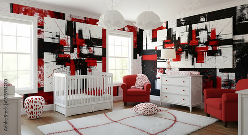 Stylish Nursery Interior Featuring Bold Abstract Wall Art And Modern Furniture