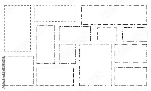 Set of rectangle shapes with dashed lines. Dotted geometric figures isolated on white background. Cut here pictograms for paper coupons or sale tags. Vector outline illustration