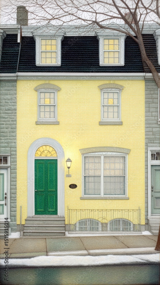 Obraz premium Charming Yellow House with Green Door and Warm Evening Glow