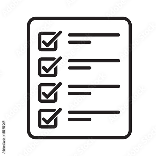 Flat black vector outline icon of a checklist with tick marks, symbolizing task completion or productivity, white background
