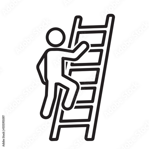 Flat black vector outline icon of a person climbing a ladder, symbolizing career advancement or promotion, white background