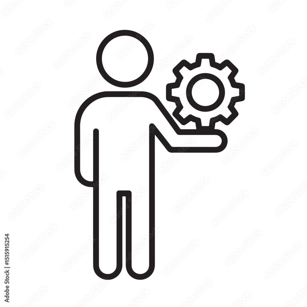 Flat black vector outline icon of person holding gear, symbolizing technical skills or efficiency, white background Flat black vector outline icon of person holding gear, symbolizing technical skills or efficiency, white background