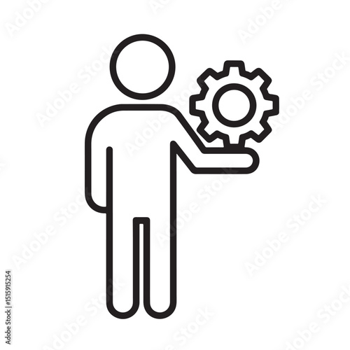 Flat black vector outline icon of person holding gear, symbolizing technical skills or efficiency, white background