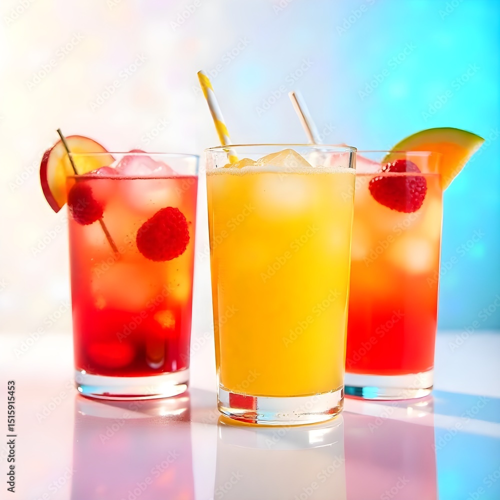 Three colorful cocktails with fruit garnish Three colorful cocktails with fruit garnish