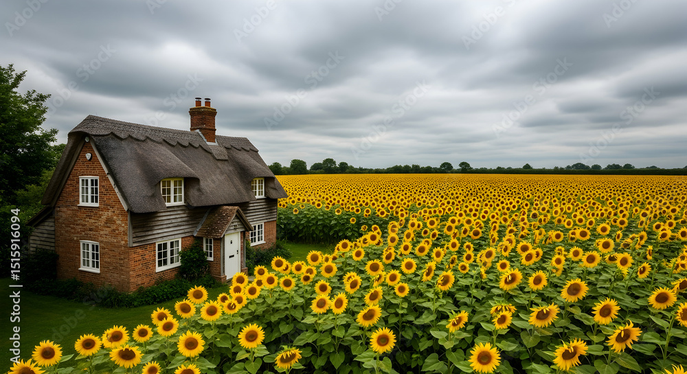 Obraz premium Charming Thatched Cottage Nestled Near a Vibrant Sunflower Field on Cloudy Day