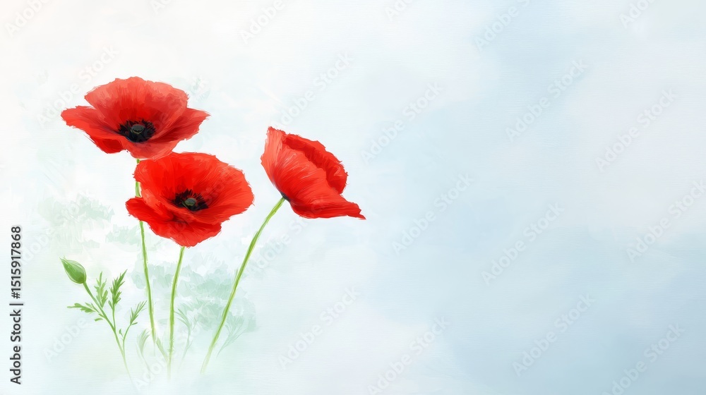 Obraz premium Radiant red poppies in full bloom against tranquil blue background