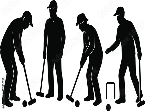 Flat black and white color style of people playing gateball silhouette isolated on white background