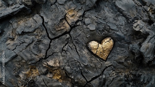 Gold heart on cracked dark earth.