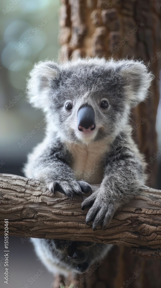 Fototapeta premium Cute koala joey on branch in zoo enclosure