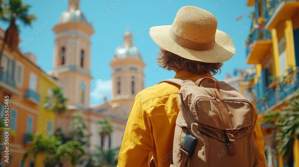 Obraz premium A traveler in a wide-brimmed hat strolls a vibrant street filled with colorful buildings and joy