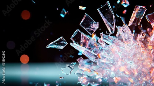 Group of broken glass pieces scattered on a black background. the glass pieces are of different sizes and shapes, with some being larger and some being smaller.
