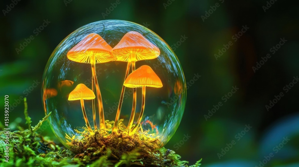 Fototapeta premium Close-up of a group of small orange mushrooms inside a transparent sphere.