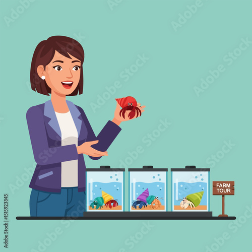 Woman Presenting a Cute Hermit Crab Holding a Shell at Farm