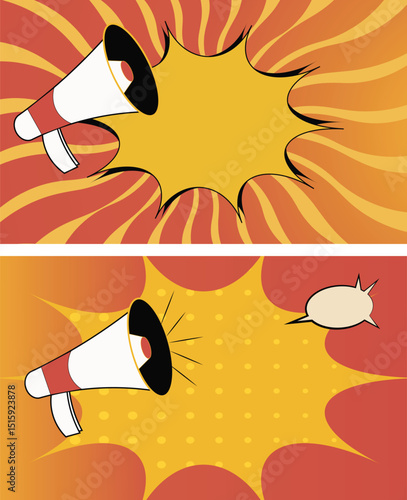 Social media campaign pop art style vibrant burst and yellow background with megaphone.