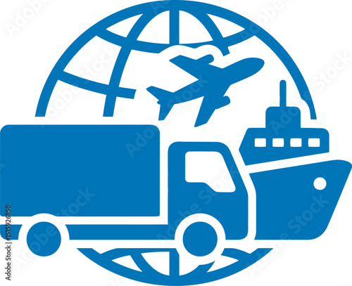 Blue-toned graphic illustration showcases airplane, ship, and delivery truck, representing global logistics, multimodal transportation, and international shipping services.