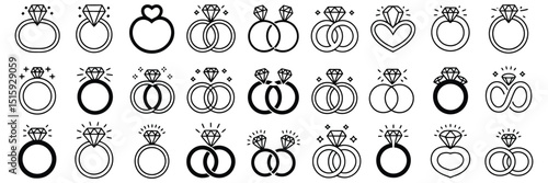 Diamond ring vector set with engagement and wedding designs for romantic use in wedding stationery, branding, and love-themed visuals


